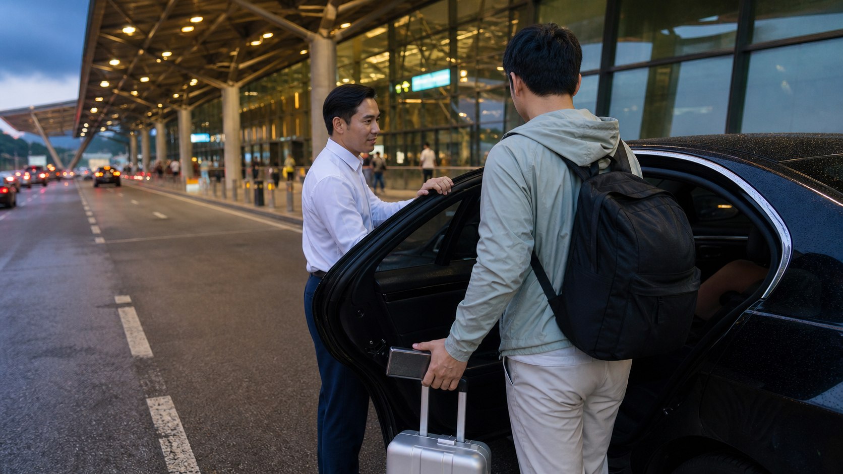 새벽 깜란공항 공식 승차구역에서 예약 차량과 기사를 확인하는 여행자